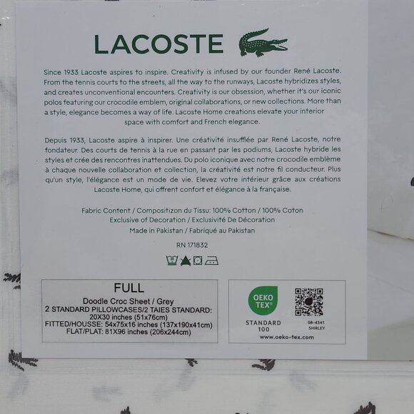 Lacoste Cotton Percale Full Sheet Set Croc Pattern Soft Breathable Material - Picture 7 of 12